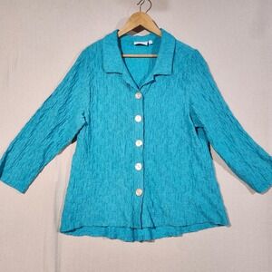 Habitat Turquoise Blue Crinkle Textured Button Front Shirt Women XL Coastal